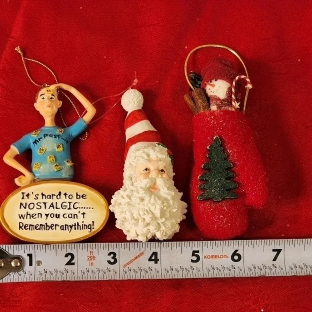 Christmas Ornaments Lot of‎ 3 Santa, Snowman in Stocking, Post it Man